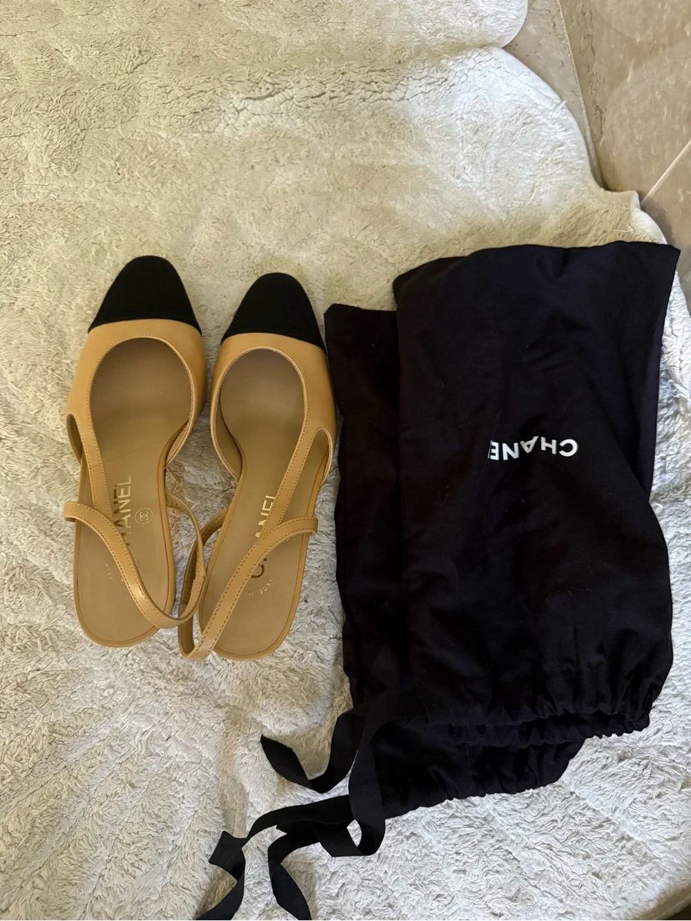 CHANEL Beige and Black Two-Tone Slingback Mules